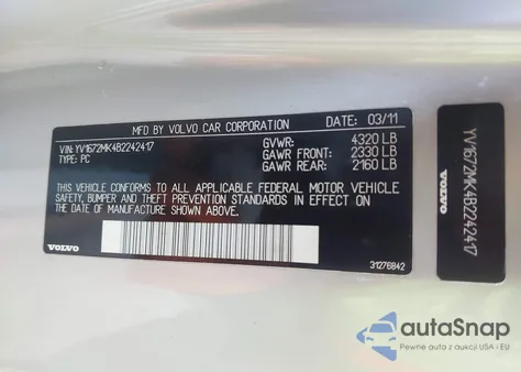 2011 Volvo C30 T5 z USA, uszkodzony, nr VIN YV1672MK4B2242417